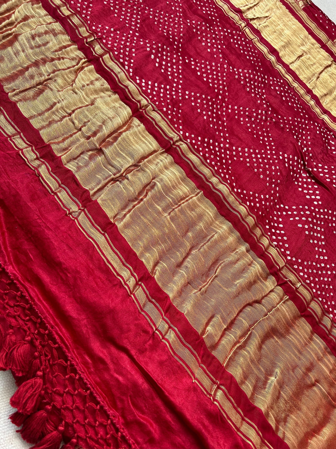 PRATHMA:Maroon, Handmade Bandhani Pure Gajji Silk Gharchola Saree