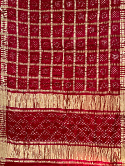 PRATHMA:Maroon, Handmade Bandhani Pure Gajji Silk Gharchola Saree