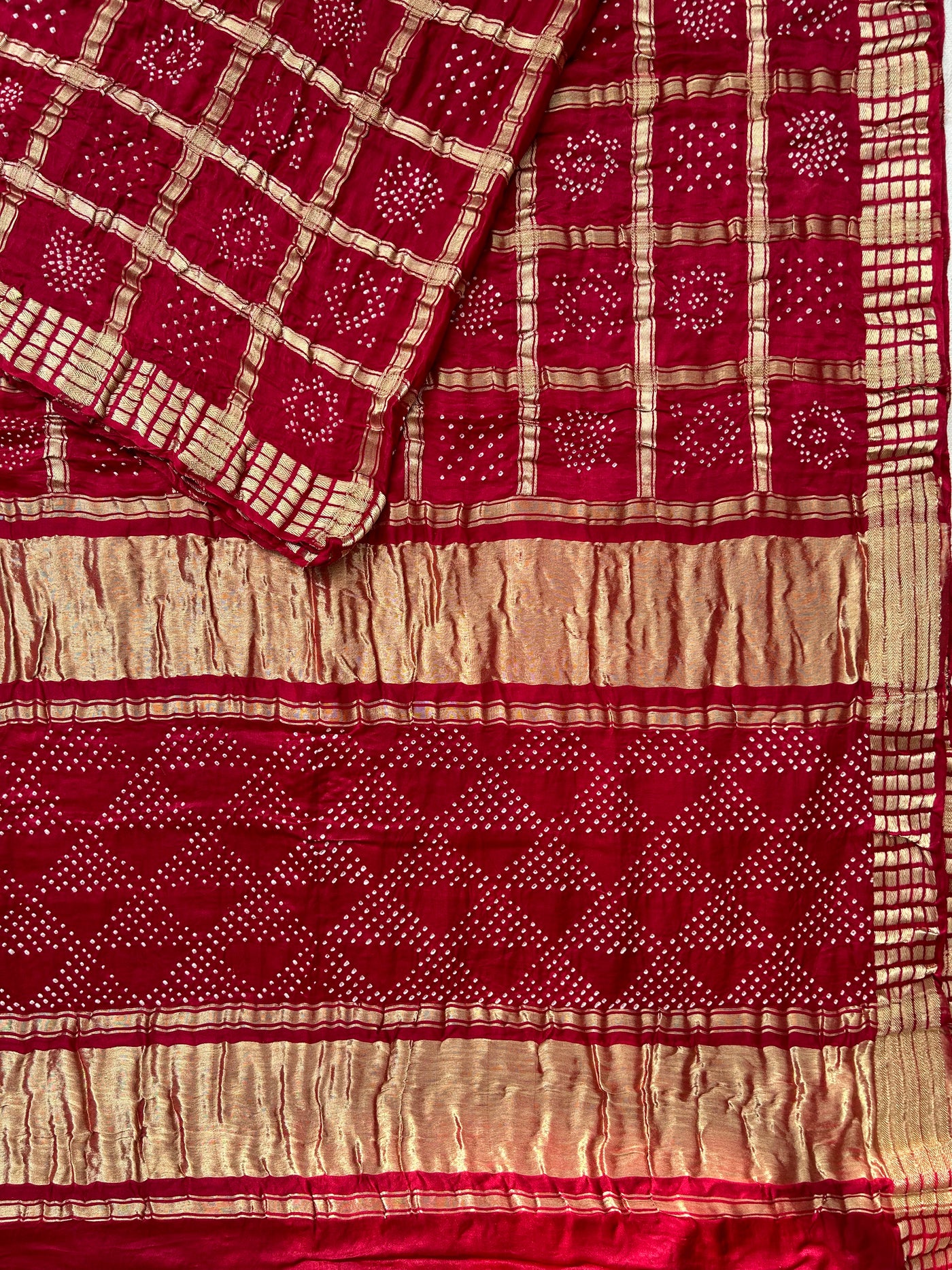 PRATHMA:Maroon, Handmade Bandhani Pure Gajji Silk Gharchola Saree