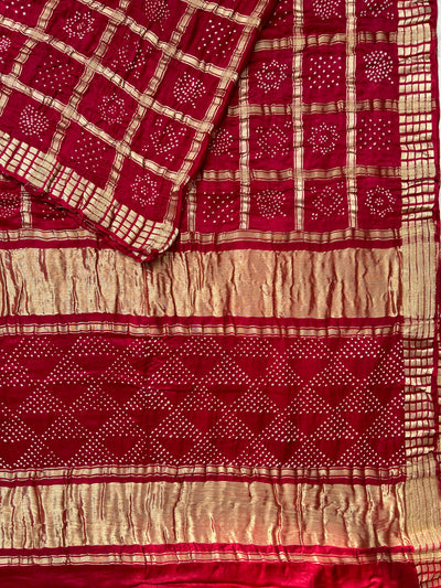 PRATHMA:Maroon, Handmade Bandhani Pure Gajji Silk Gharchola Saree