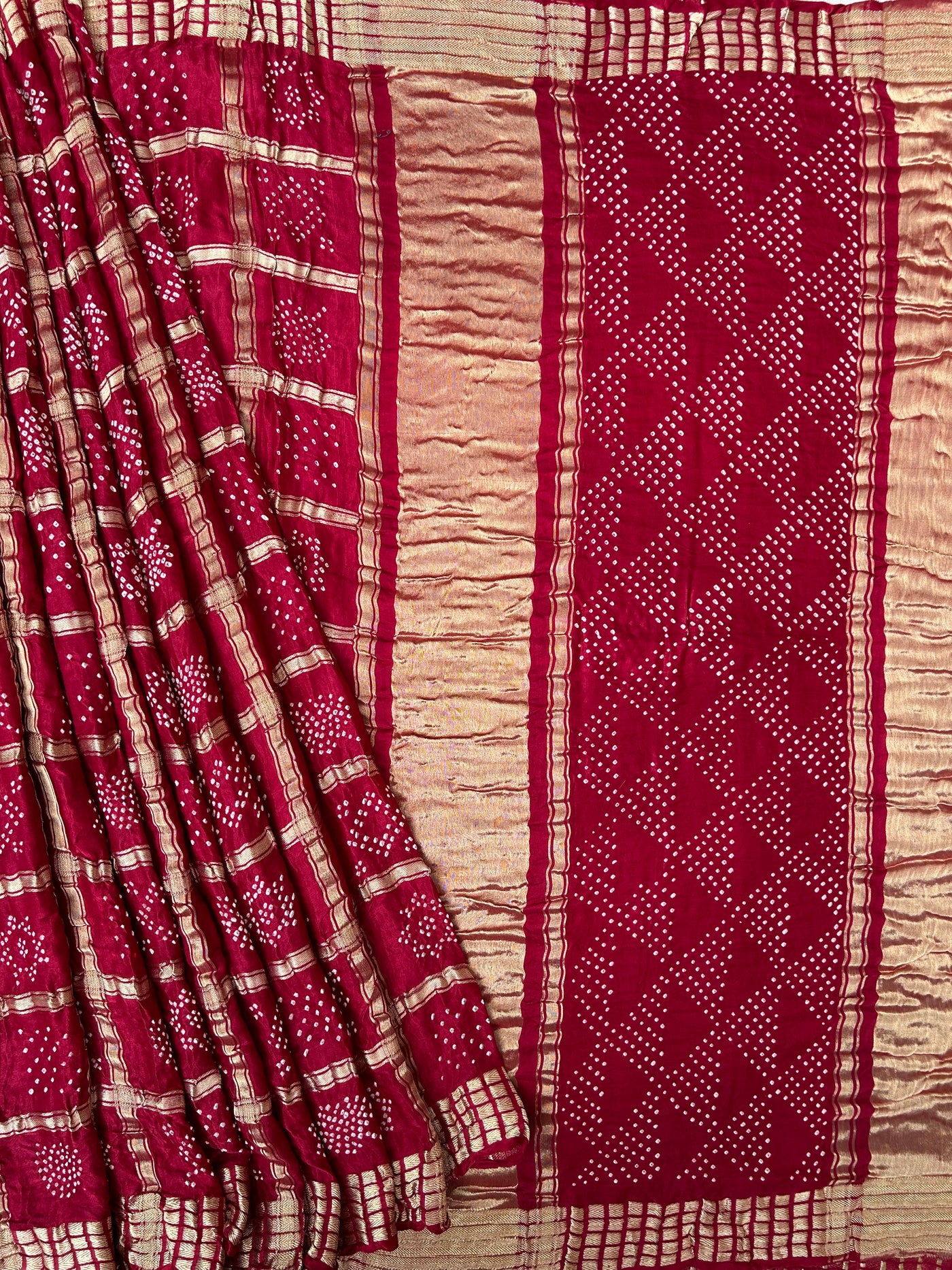 PRATHMA:Maroon, Handmade Bandhani Pure Gajji Silk Gharchola Saree