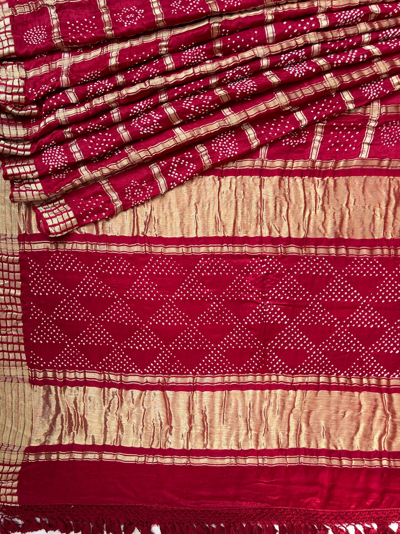 PRATHMA:Maroon, Handmade Bandhani Pure Gajji Silk Gharchola Saree