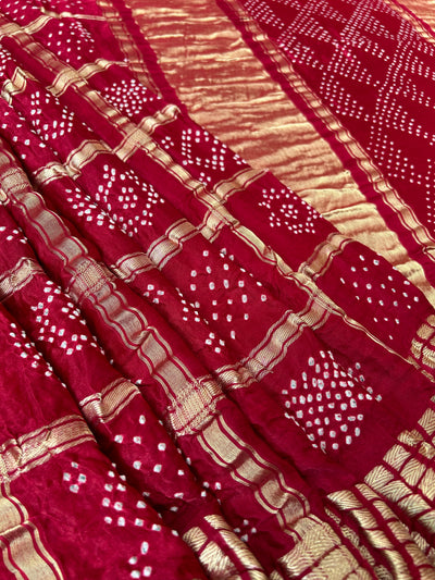 PRATHMA:Maroon, Handmade Bandhani Pure Gajji Silk Gharchola Saree