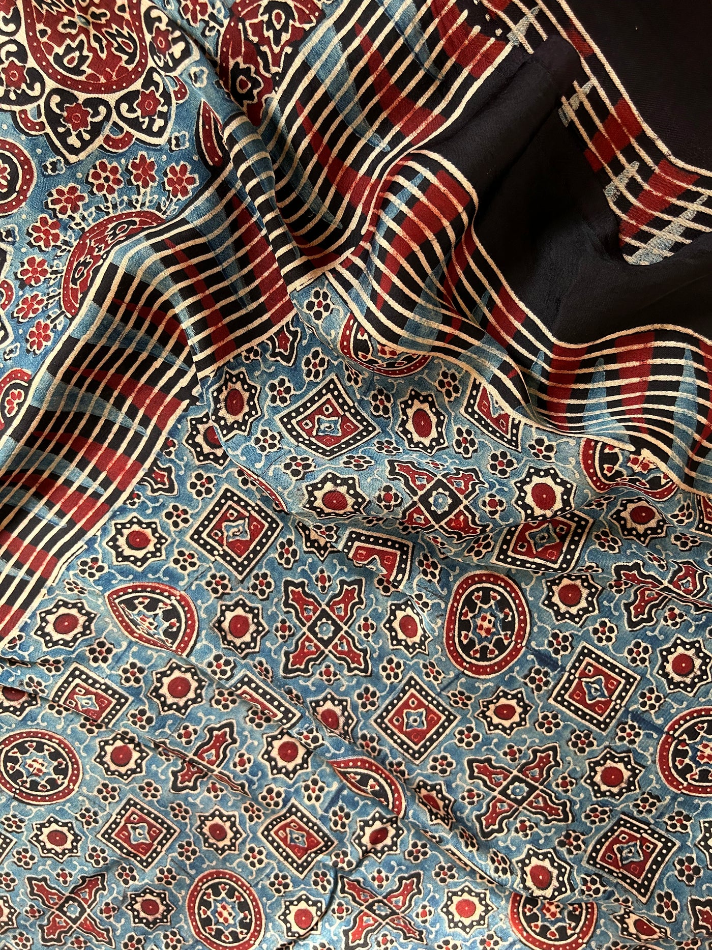 Anika: Handblock Modal Silk Tissue Ajrakh Saree