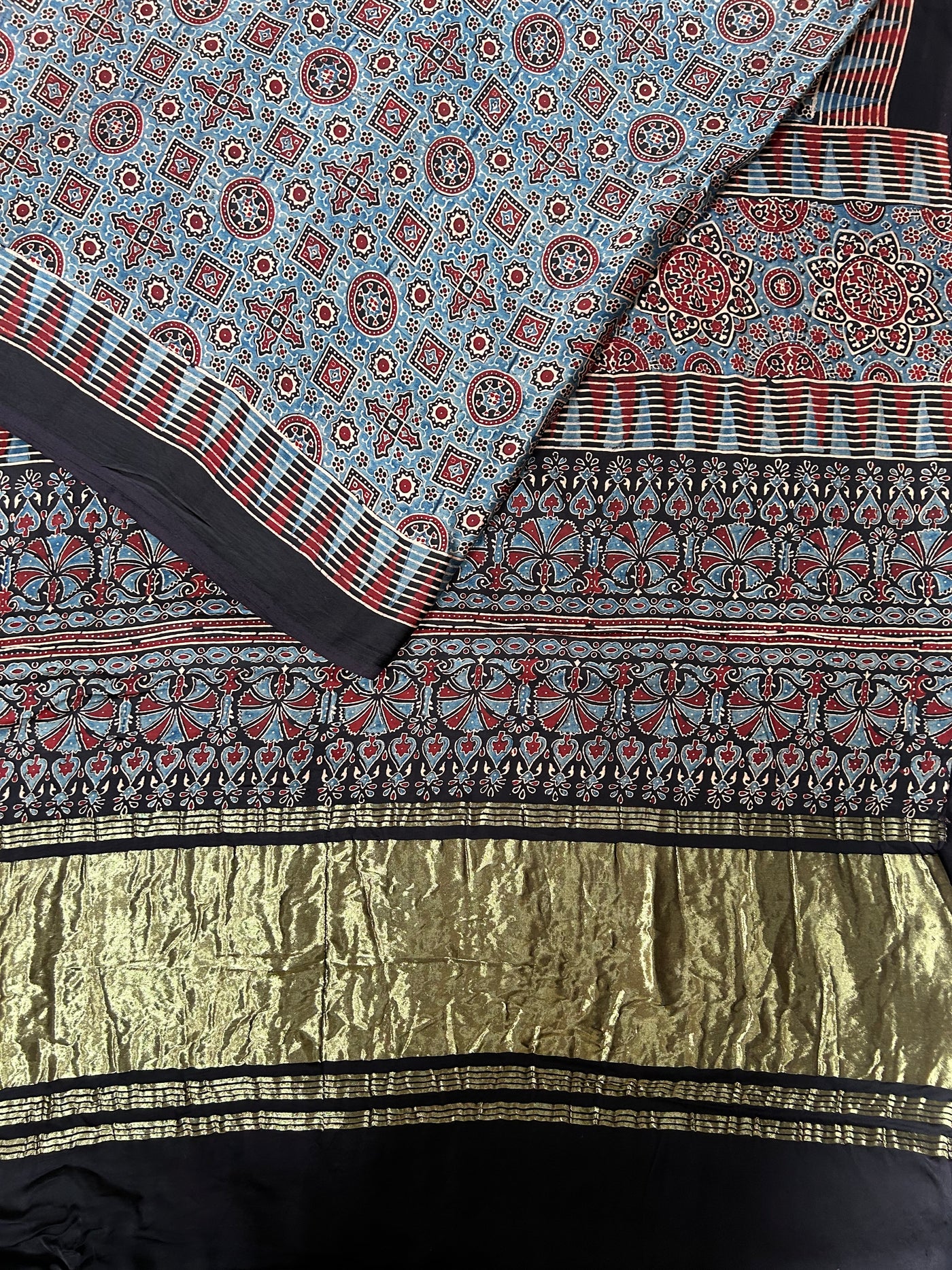 Anika: Handblock Modal Silk Tissue Ajrakh Saree