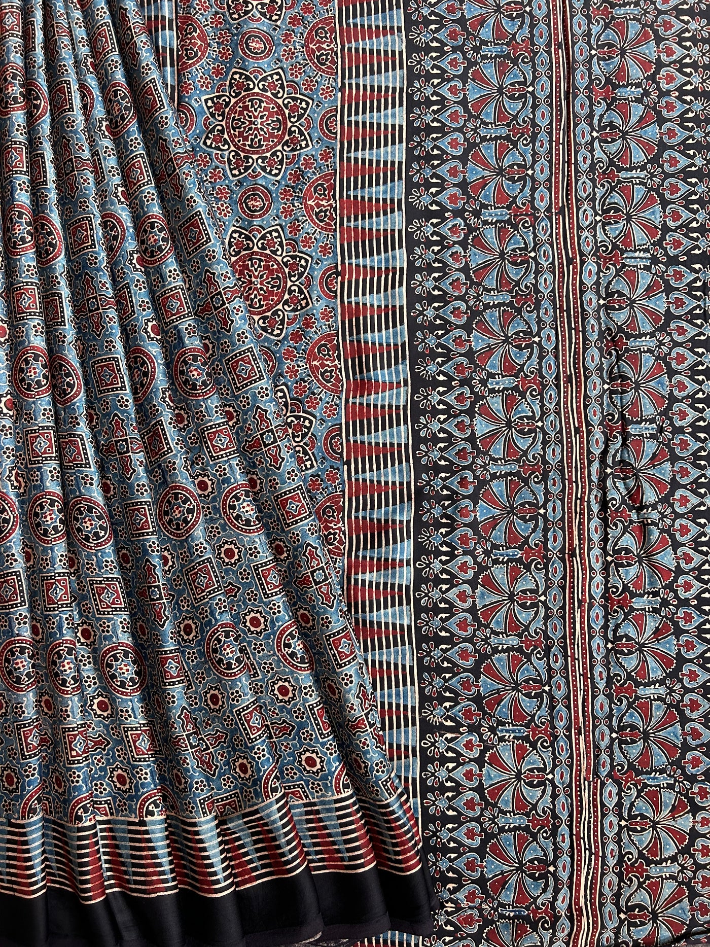 Anika: Handblock Modal Silk Tissue Ajrakh Saree