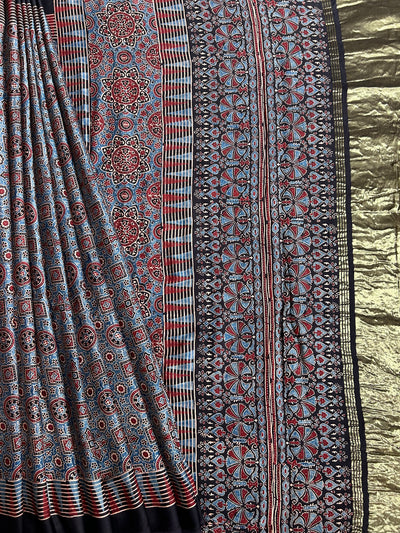Anika: Handblock Modal Silk Tissue Ajrakh Saree