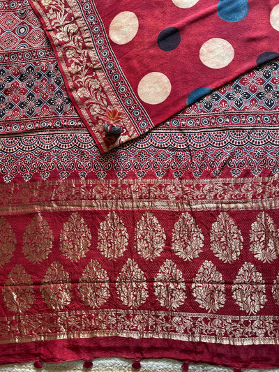 Polka:MadderRed,Handblock Ajrakh Dola Silk Saree with Meenakari Pallu