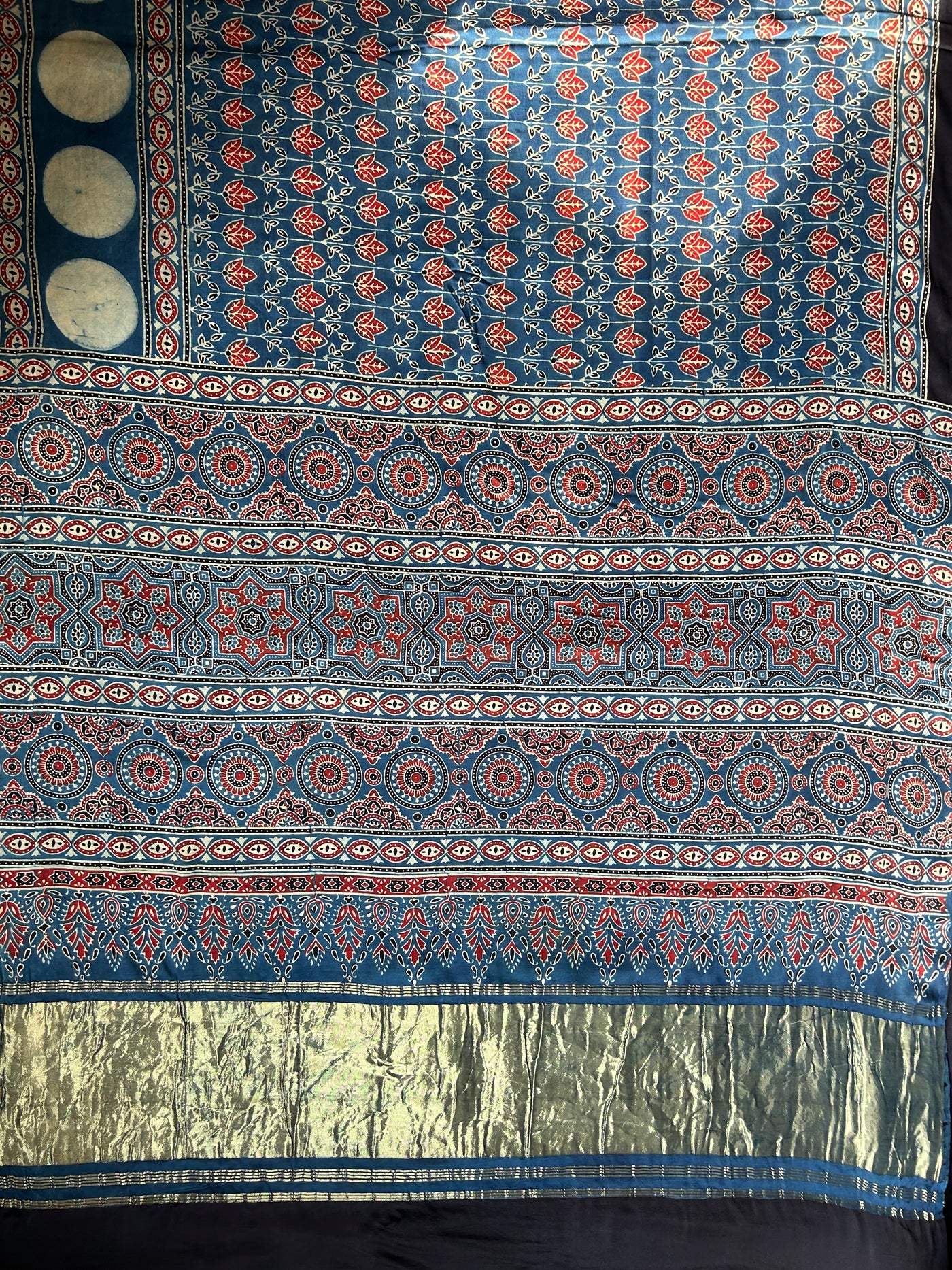 KAVERI: MADDER,HANDBLOCK AJRAKH MODAL SILK SAREE WITH TISSUE PALLU
