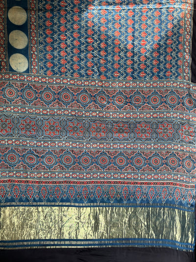 KAVERI: MADDER,HANDBLOCK AJRAKH MODAL SILK SAREE WITH TISSUE PALLU