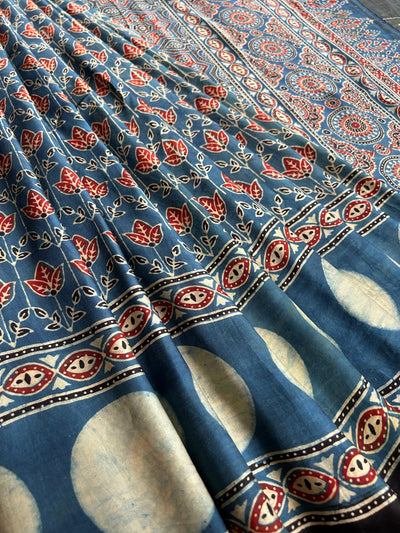 KAVERI: MADDER,HANDBLOCK AJRAKH MODAL SILK SAREE WITH TISSUE PALLU