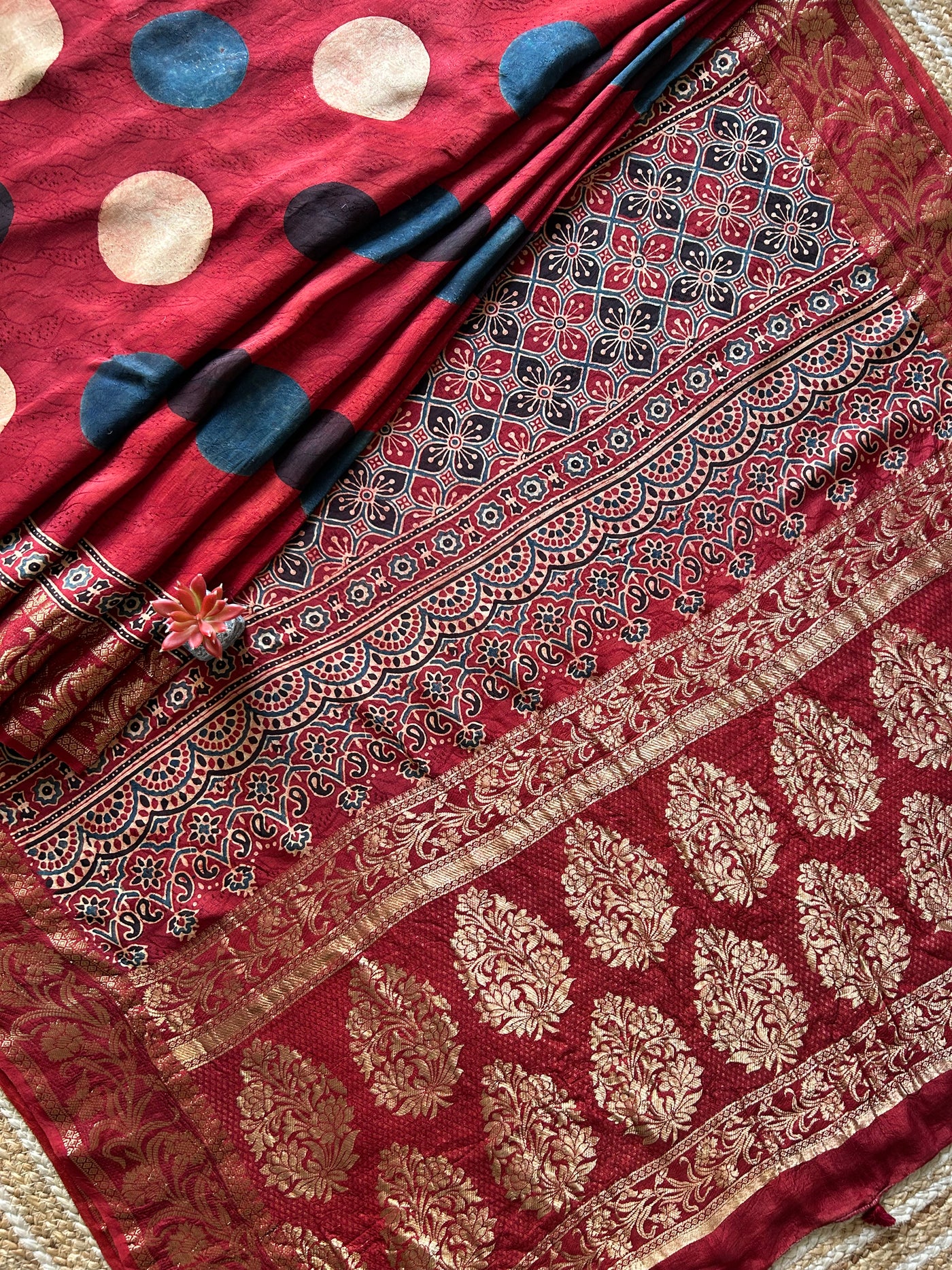 Polka:MadderRed,Handblock Ajrakh Dola Silk Saree with Meenakari Pallu