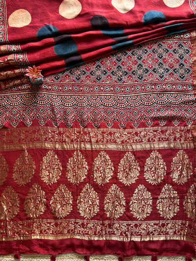 Polka:MadderRed,Handblock Ajrakh Dola Silk Saree with Meenakari Pallu