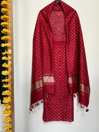 ROSE :Handmade Designer Bandhnai Chanderi Silk- Cott 3 Piece Suit Set.