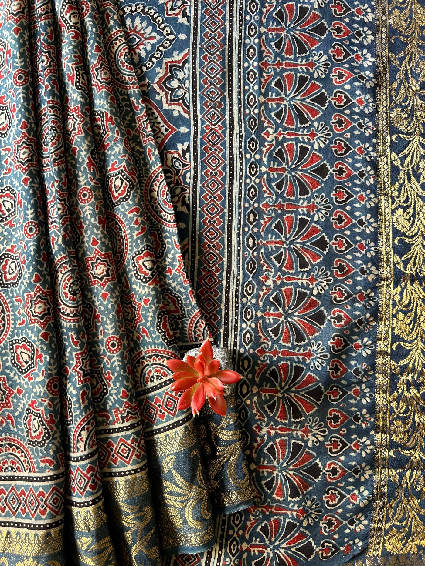 Gaytri:Handblock Ajrakh Dola Silk Saree with Meenakari Pallu