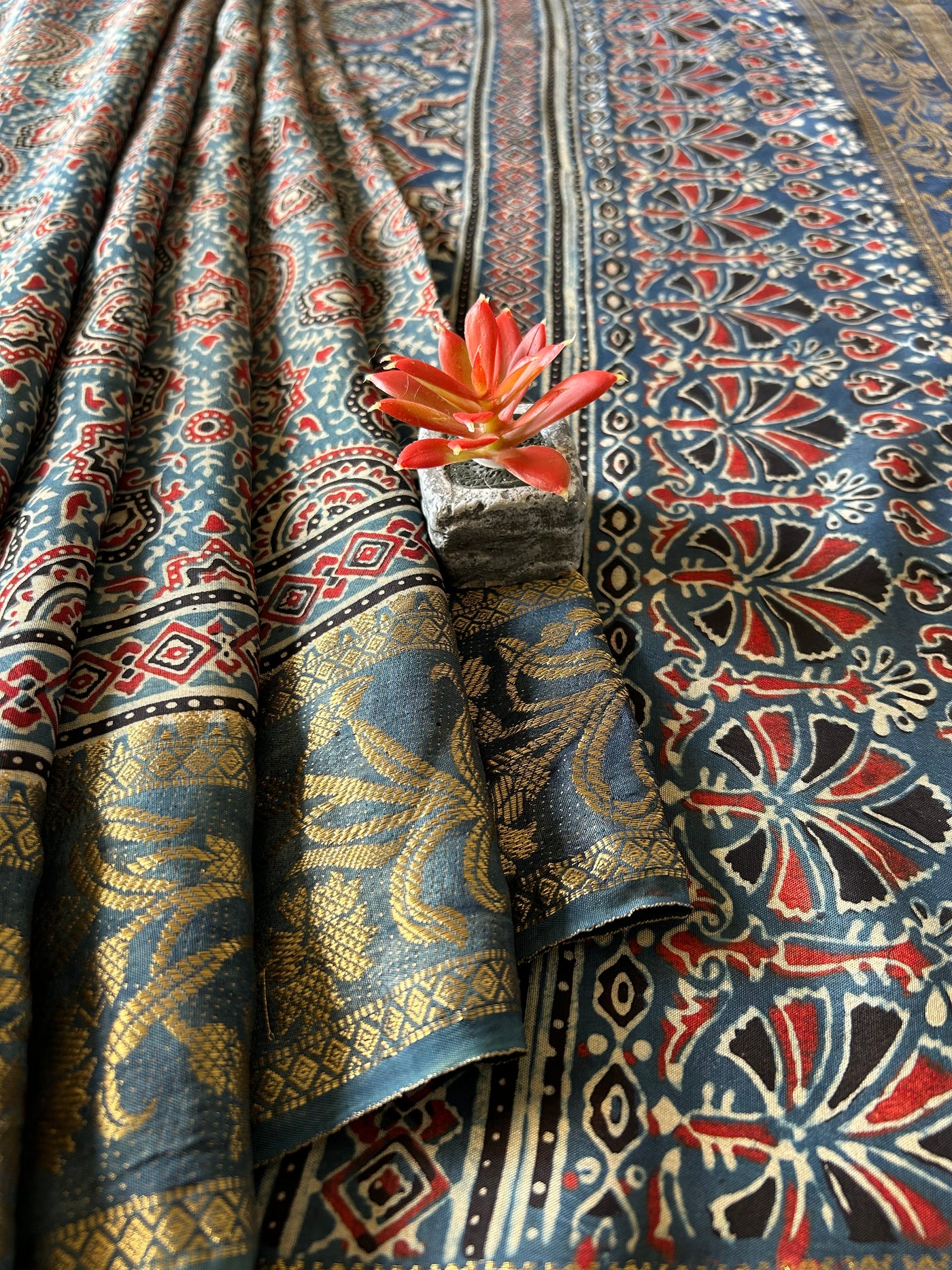 Gaytri:Handblock Ajrakh Dola Silk Saree with Meenakari Pallu