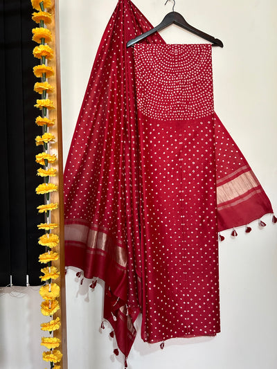 ROSE :Handmade Designer Bandhnai Chanderi Silk- Cott 3 Piece Suit Set.