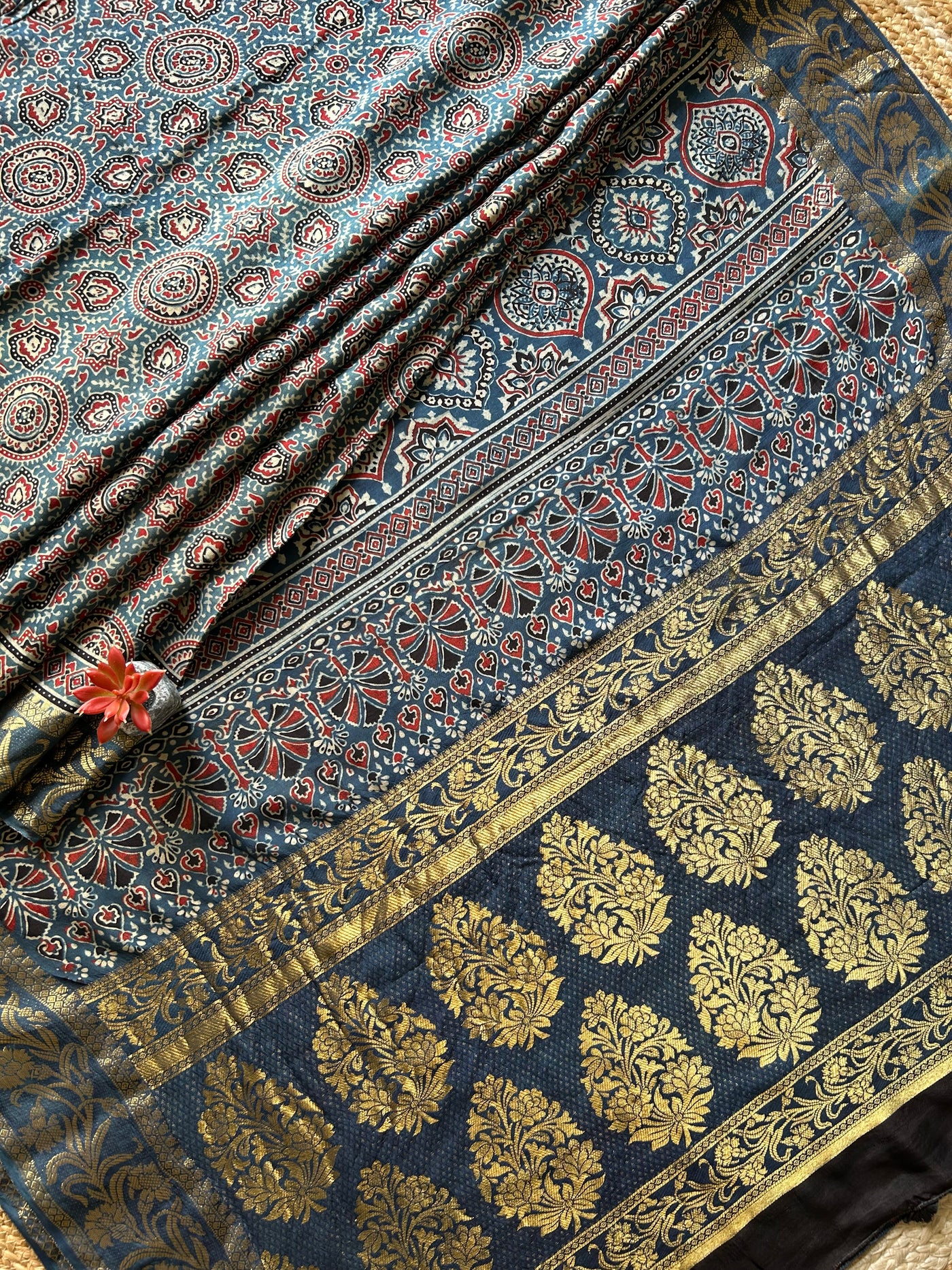 Gaytri:Handblock Ajrakh Dola Silk Saree with Meenakari Pallu