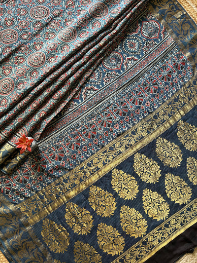 Gaytri:Handblock Ajrakh Dola Silk Saree with Meenakari Pallu