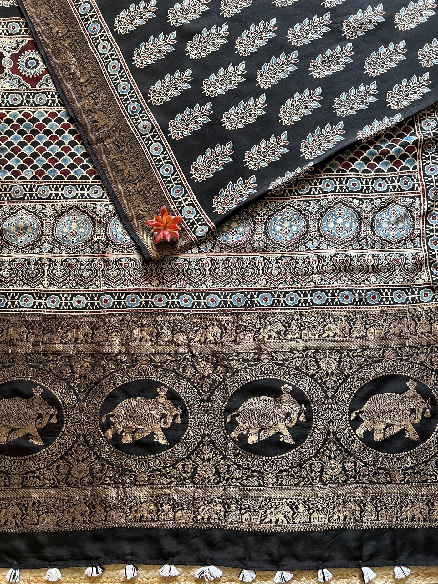 Kali Bindi:Handblock Ajrakh Dola Silk Saree with Meenakari Pallu