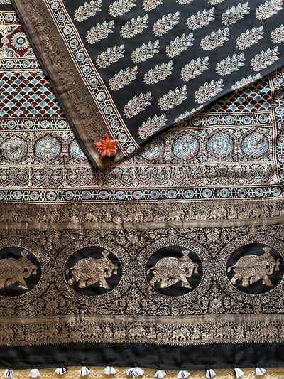 Kali Bindi:Handblock Ajrakh Dola Silk Saree with Meenakari Pallu