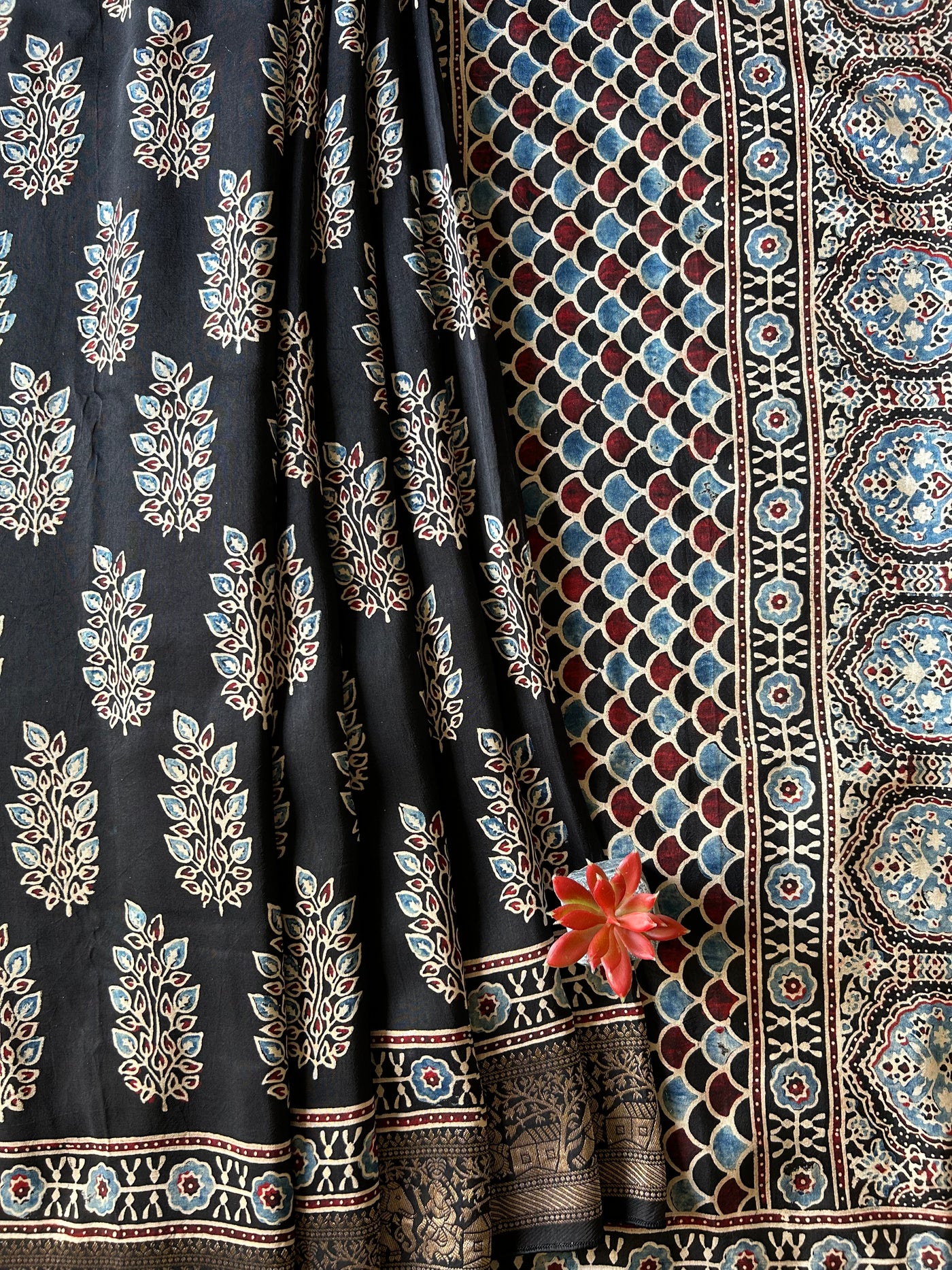 Kali Bindi:Handblock Ajrakh Dola Silk Saree with Meenakari Pallu