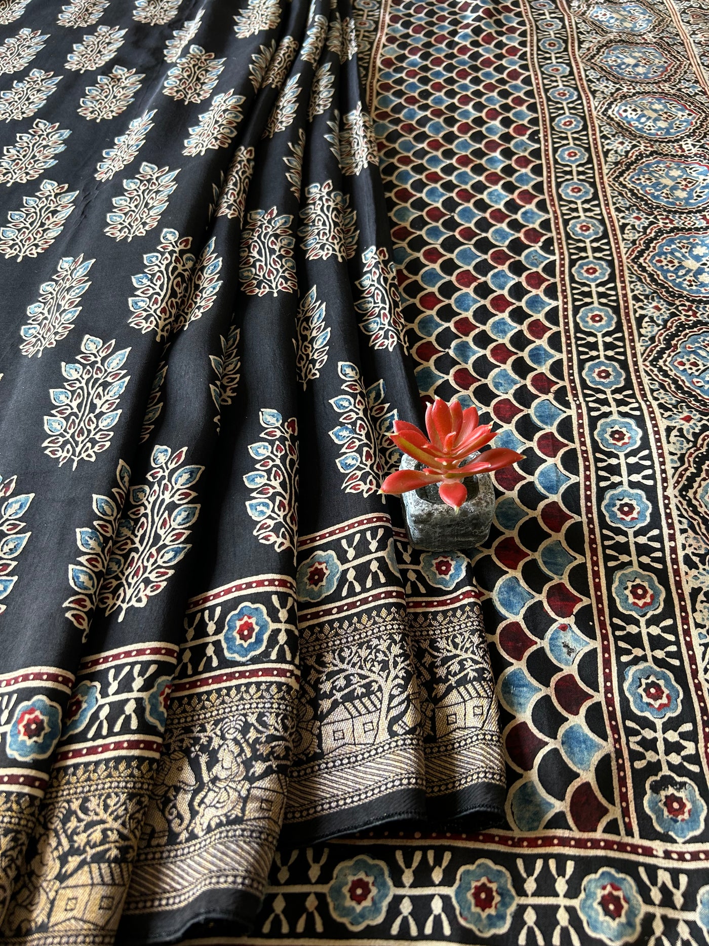 Kali Bindi:Handblock Ajrakh Dola Silk Saree with Meenakari Pallu