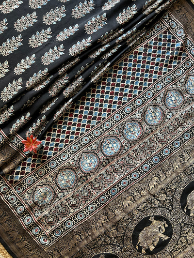 Kali Bindi:Handblock Ajrakh Dola Silk Saree with Meenakari Pallu