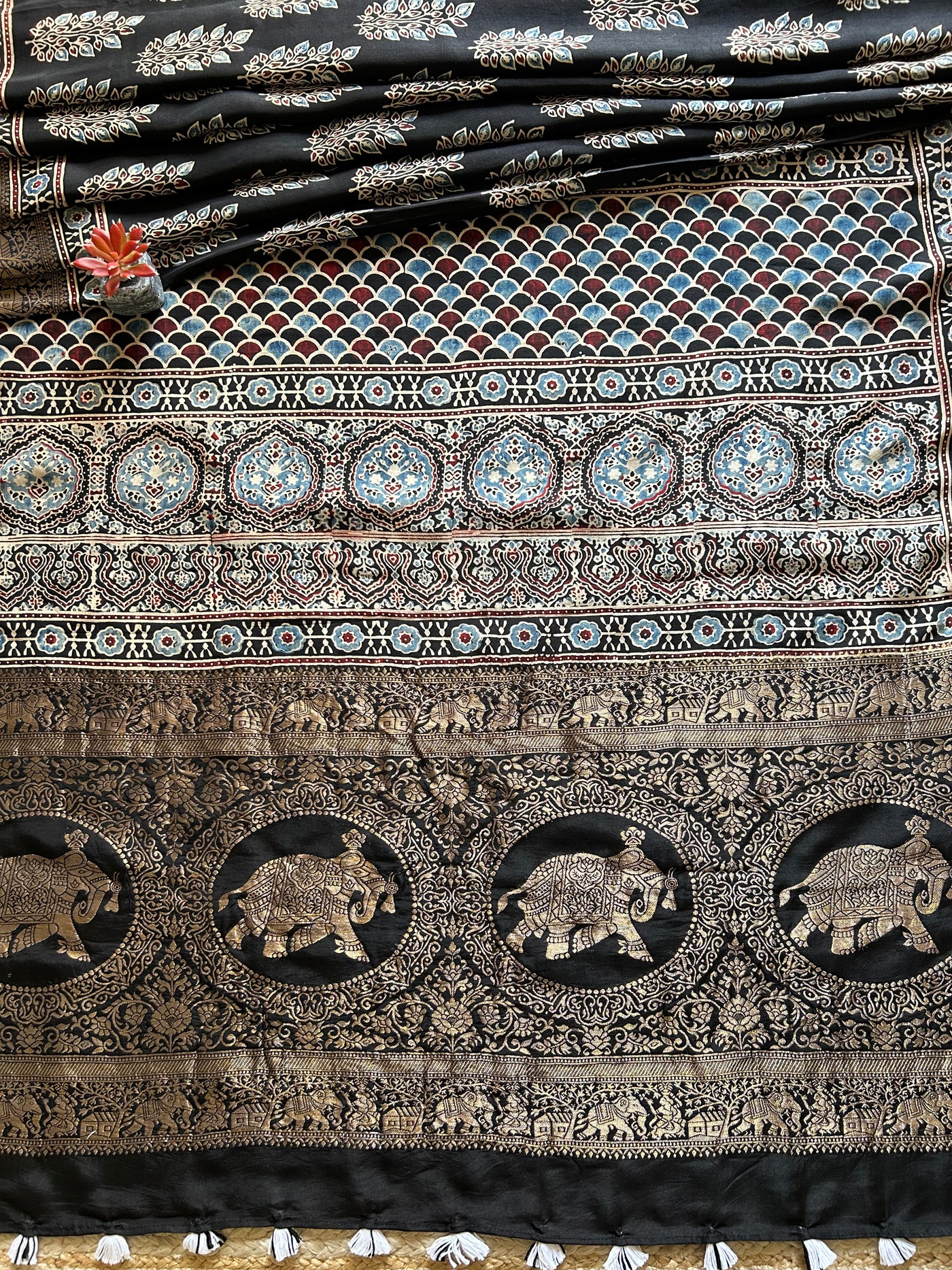 Kali Bindi:Handblock Ajrakh Dola Silk Saree with Meenakari Pallu