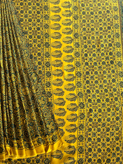 Adira: HANDBLOCK AJRAKH MODAL SILK SAREE