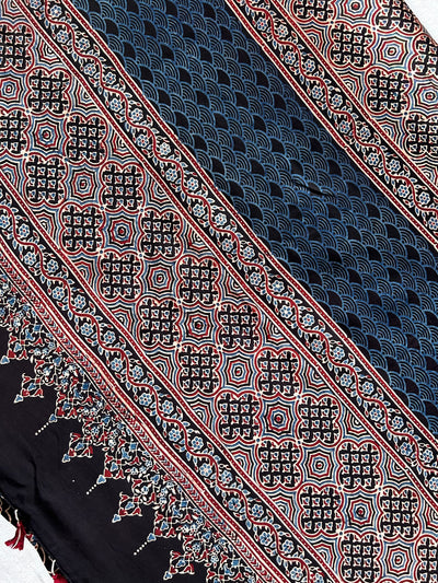 Vidhu: BLACK,HANDBLOCK AJRAKH MODAL SILK SAREE