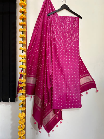 AURORA :Handmade Designer Bandhnai Chanderi Silk- Cott 3 Piece Suit Set.