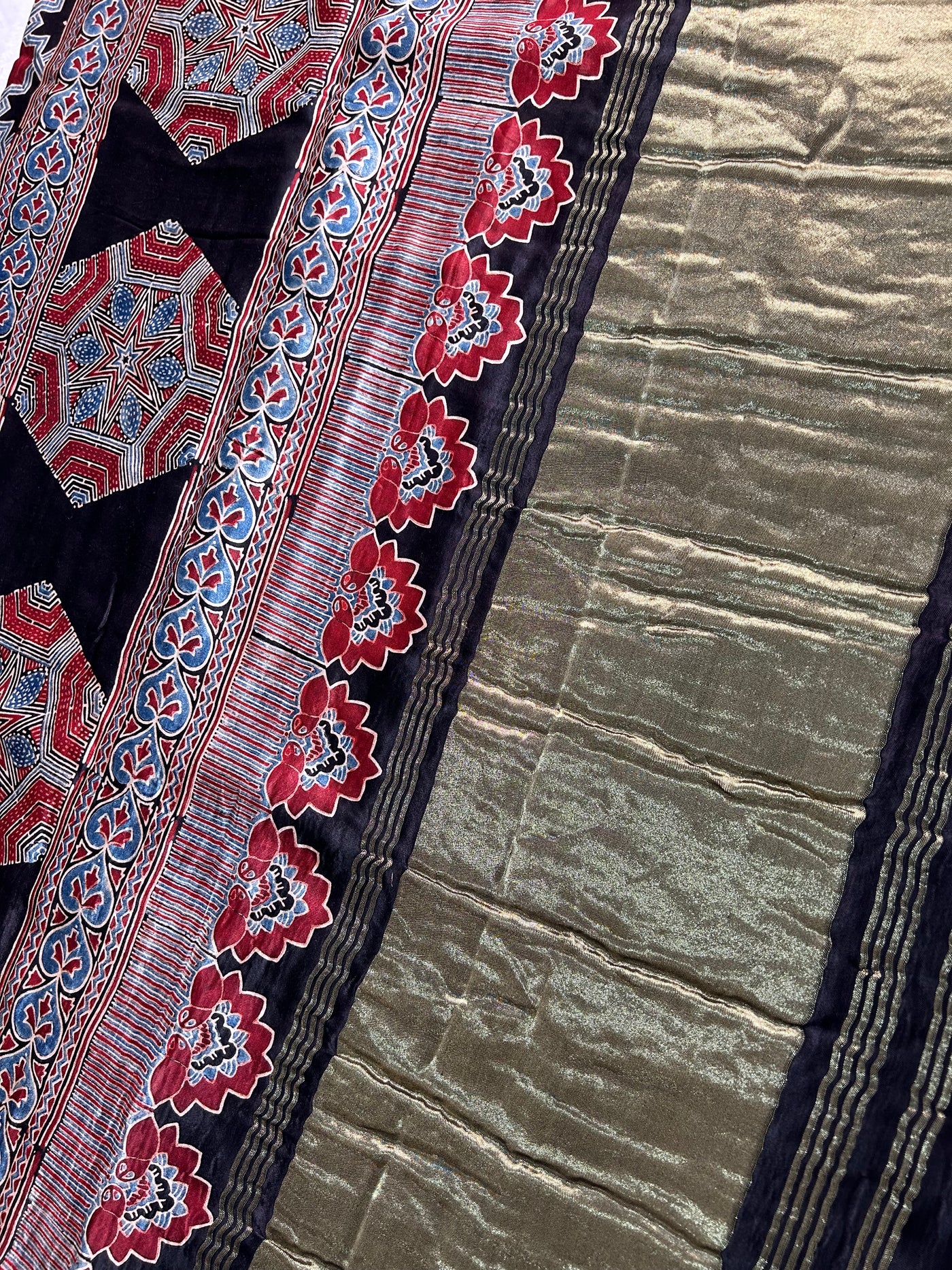 SANAYA: Handblock Modal Silk tissue Ajrakh Saree