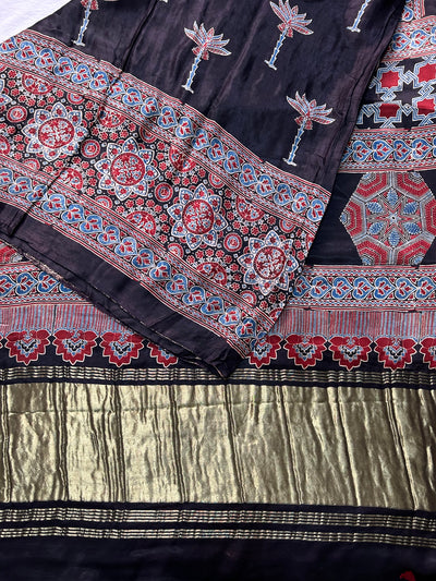 SANAYA: Handblock Modal Silk tissue Ajrakh Saree