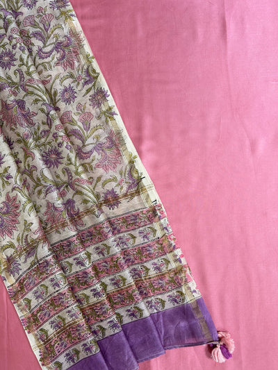 LILY: Handblock BAGRU CHANDERI SILK DUPATTA WITH SOLID MODAL SILK 2 PC SUIT SET