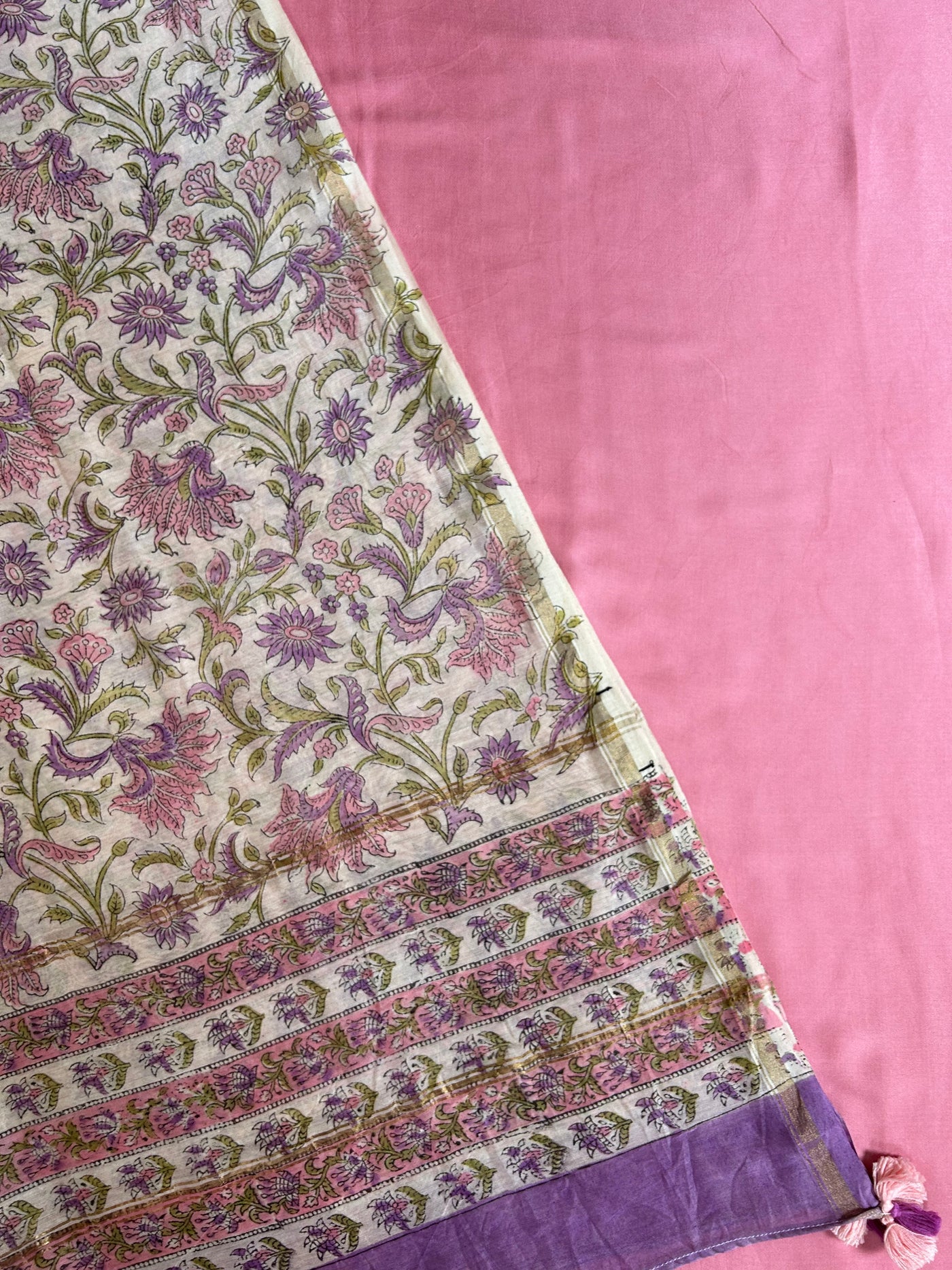 LILY: Handblock BAGRU CHANDERI SILK DUPATTA WITH SOLID MODAL SILK 2 PC SUIT SET