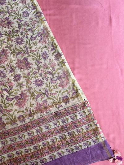 LILY: Handblock BAGRU CHANDERI SILK DUPATTA WITH SOLID MODAL SILK 2 PC SUIT SET