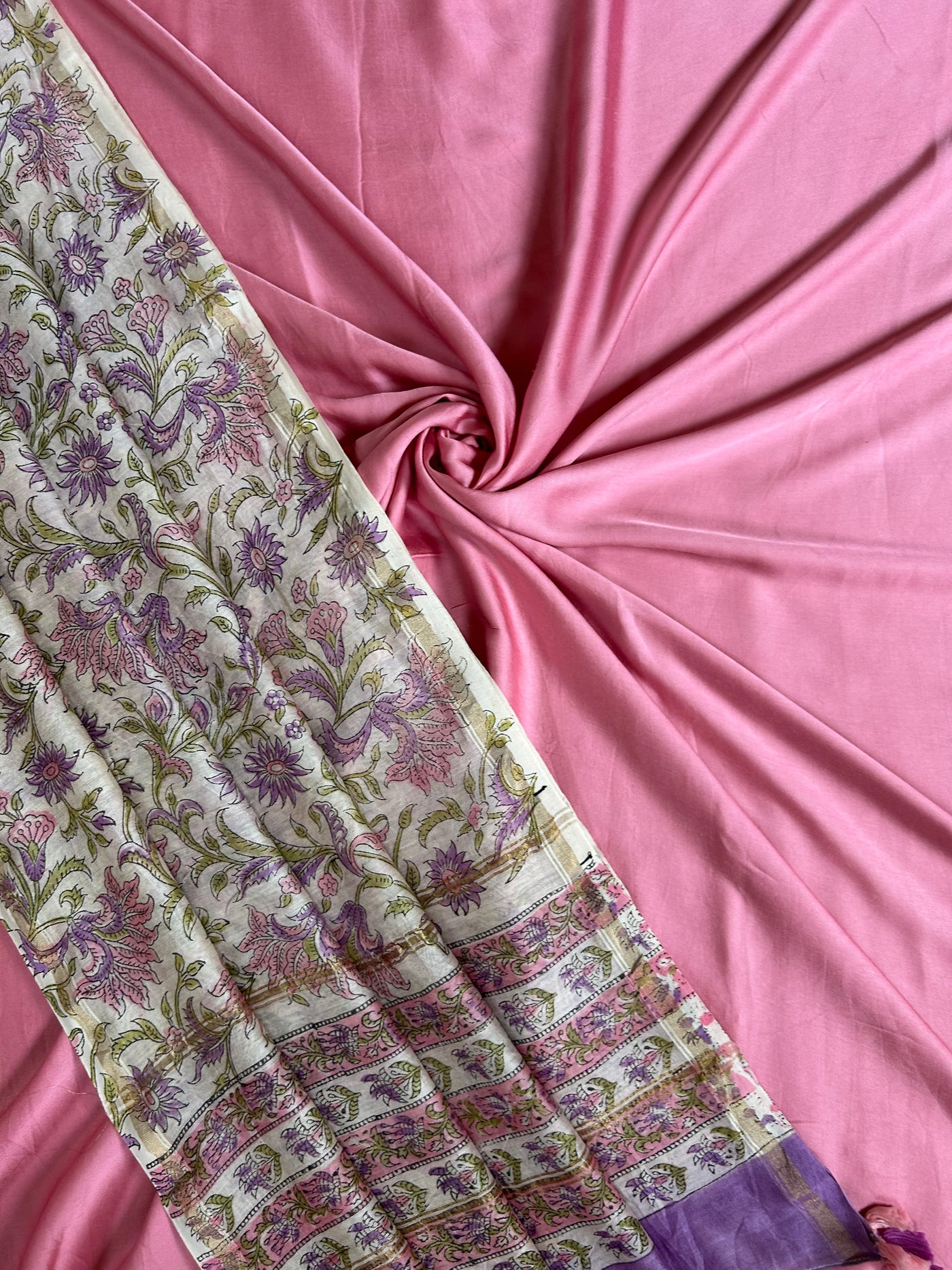 LILY: Handblock BAGRU CHANDERI SILK DUPATTA WITH SOLID MODAL SILK 2 PC SUIT SET