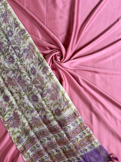 LILY: Handblock BAGRU CHANDERI SILK DUPATTA WITH SOLID MODAL SILK 2 PC SUIT SET