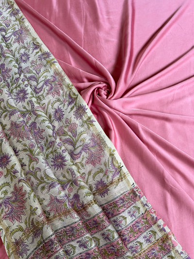 LILY: Handblock BAGRU CHANDERI SILK DUPATTA WITH SOLID MODAL SILK 2 PC SUIT SET