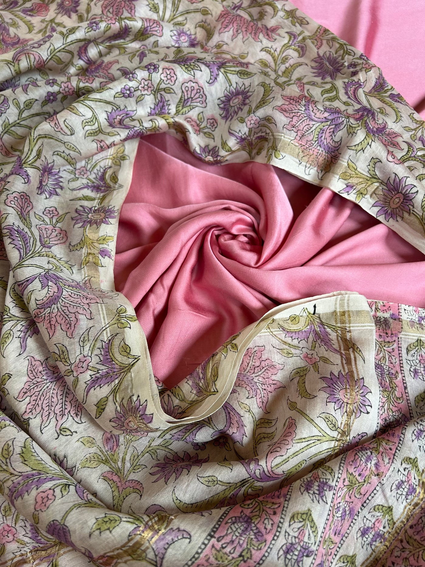 LILY: Handblock BAGRU CHANDERI SILK DUPATTA WITH SOLID MODAL SILK 2 PC SUIT SET