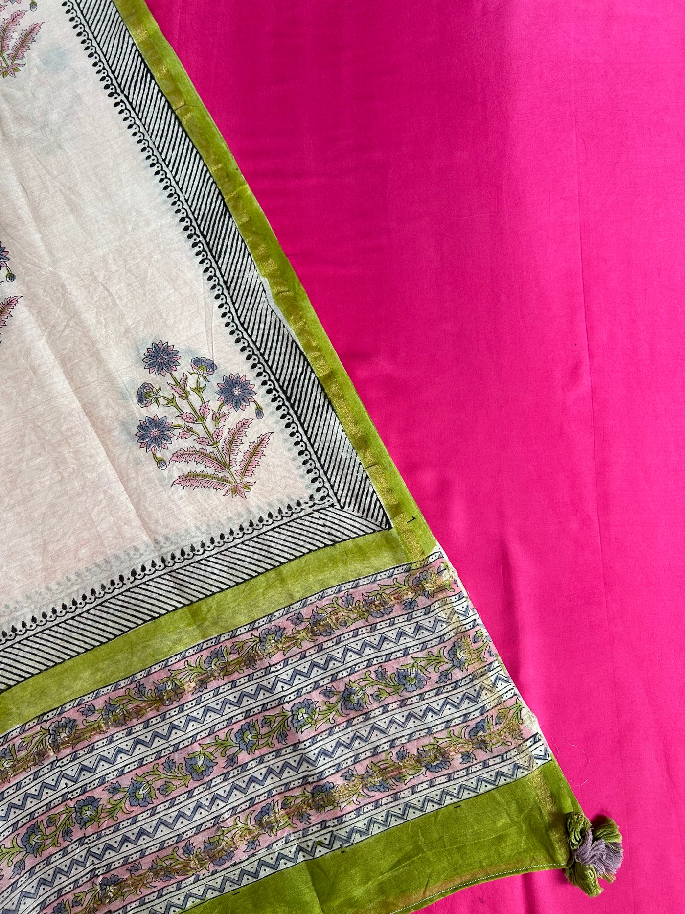 ROSY: Handblock BAGRU CHANDERI SILK DUPATTA WITH SOLID MODAL SILK SUIT SET