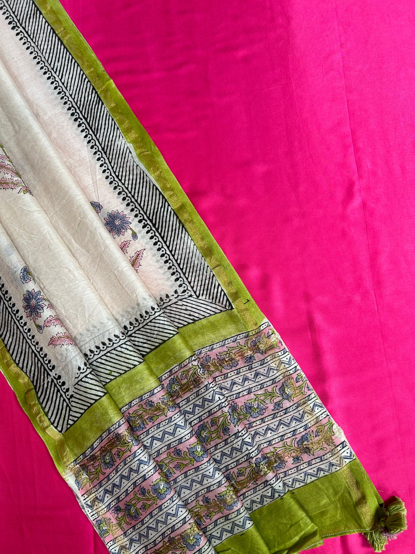 ROSY: Handblock BAGRU CHANDERI SILK DUPATTA WITH SOLID MODAL SILK SUIT SET