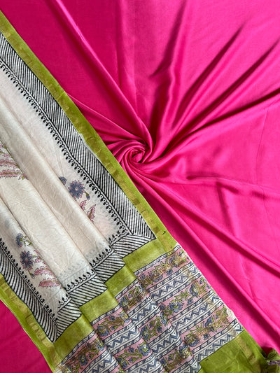 ROSY: Handblock BAGRU CHANDERI SILK DUPATTA WITH SOLID MODAL SILK SUIT SET
