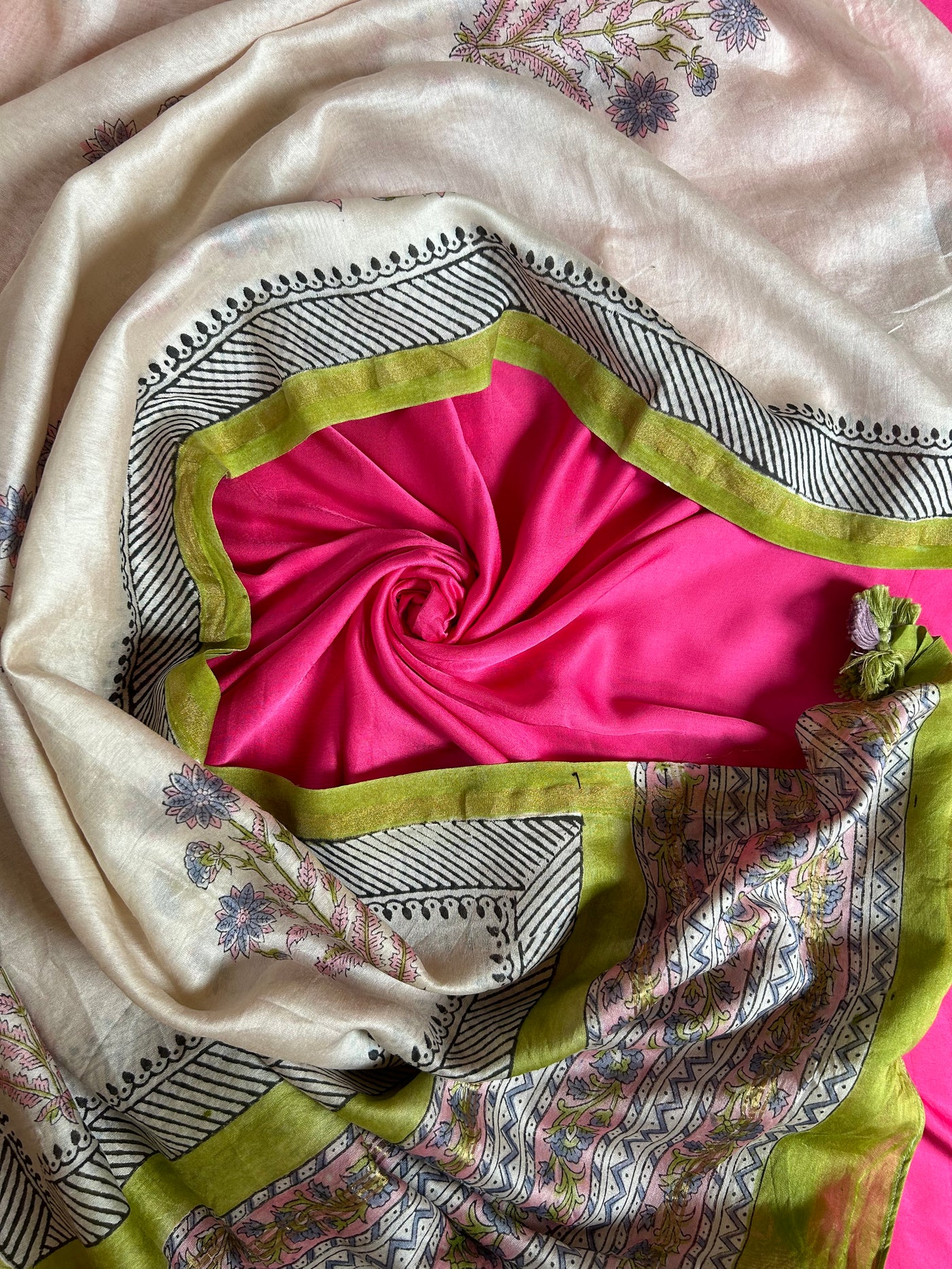 ROSY: Handblock BAGRU CHANDERI SILK DUPATTA WITH SOLID MODAL SILK SUIT SET