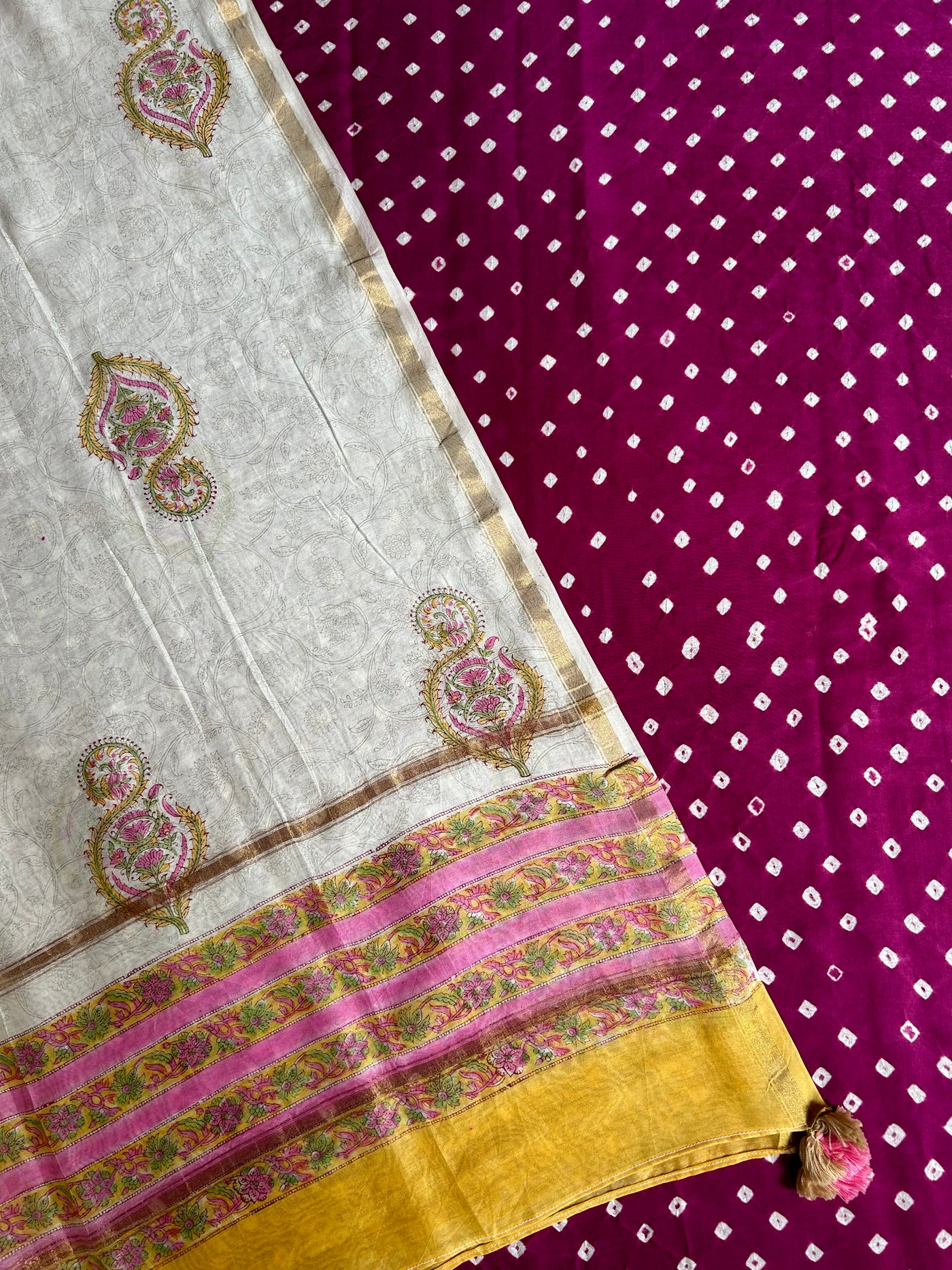 SOFIA : HANDBLOCK BAGRU CHANDERI SILK DUPATTA WITH DYED MODAL SILK BANDHANI SUIT SET
