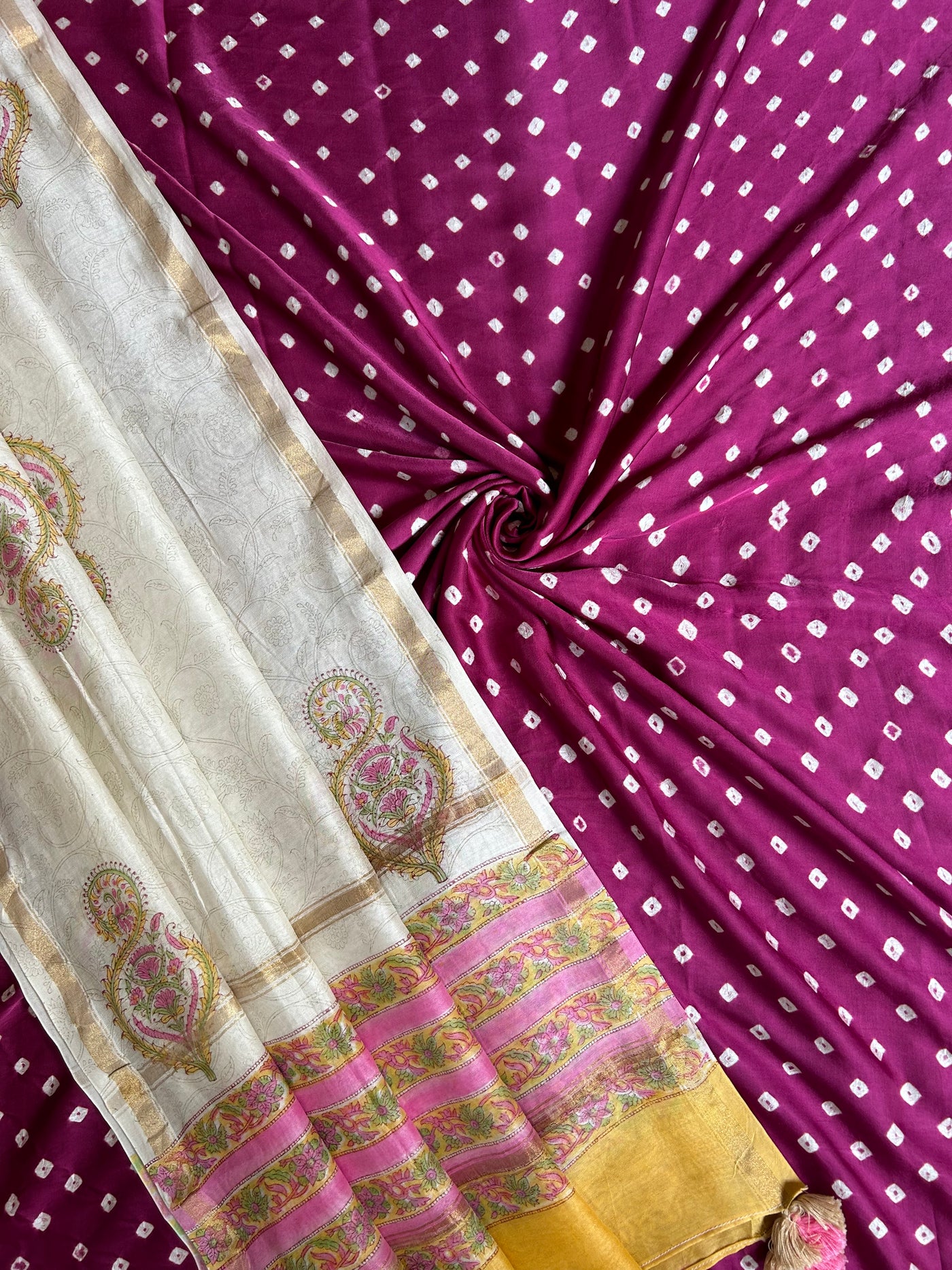 SOFIA : HANDBLOCK BAGRU CHANDERI SILK DUPATTA WITH DYED MODAL SILK BANDHANI SUIT SET