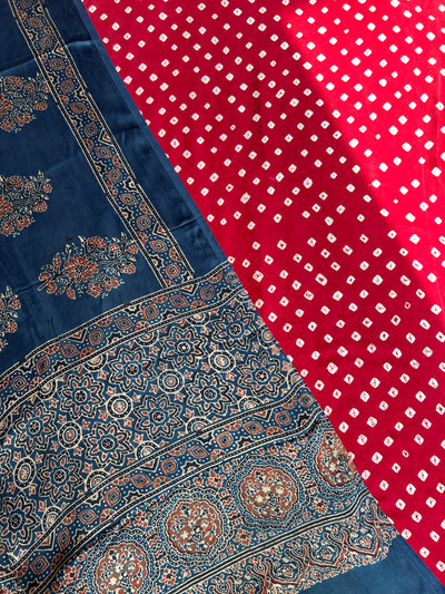 GANIKA : HANDBLOCK AJRAKH MODAL SILK DUPATTA WITH DYED MODAL SILK BANDHANI SUIT SET