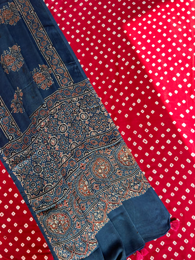 GANIKA : HANDBLOCK AJRAKH MODAL SILK DUPATTA WITH DYED MODAL SILK BANDHANI SUIT SET