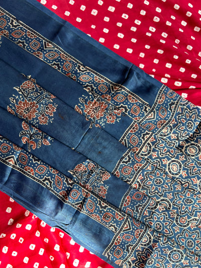 GANIKA : HANDBLOCK AJRAKH MODAL SILK DUPATTA WITH DYED MODAL SILK BANDHANI SUIT SET